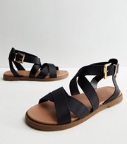 New Look Black Leather-Look Strappy Footbed Sandals